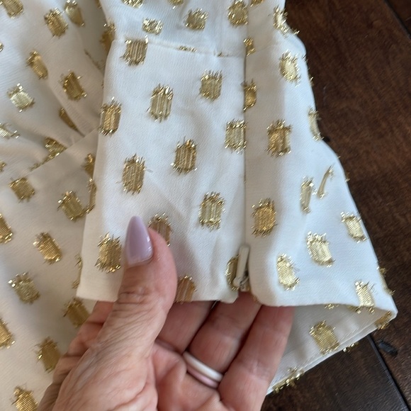 Leith Shirred V-Neck Women's M Long Sleeve Blouse Ivory Gold Metallic Cropped - Picture 9 of 12